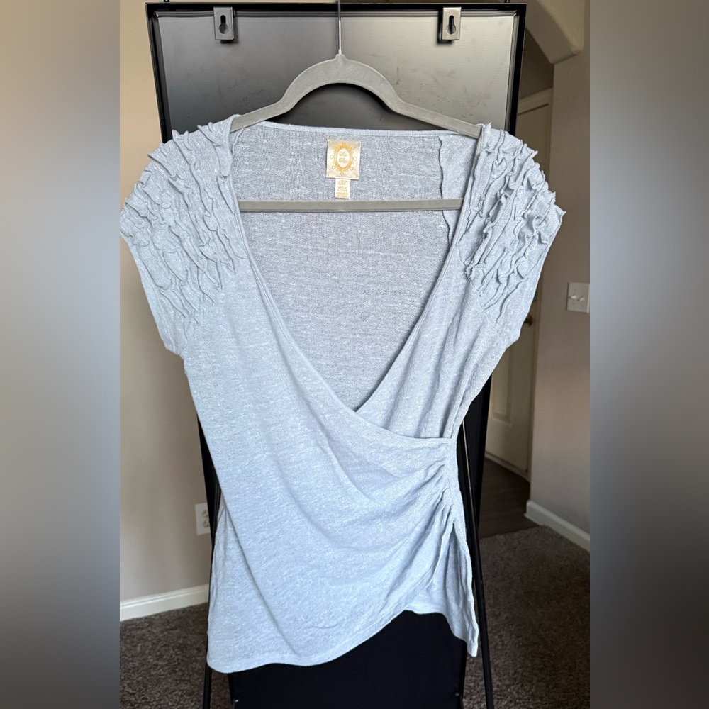 Anthropologie Light Gray Ruched Sleeve Blouse